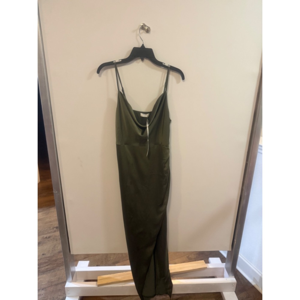 REVEROF Olive Green Satin Cowl Neck Midi Dress Spaghetti Strap Slit Large